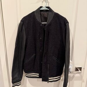 All Saints Black Wool Bomber Jacket with Leather Sleeves